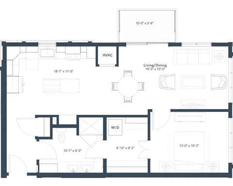 Floor plan for 1 bed, 1 bath, 834 sqft